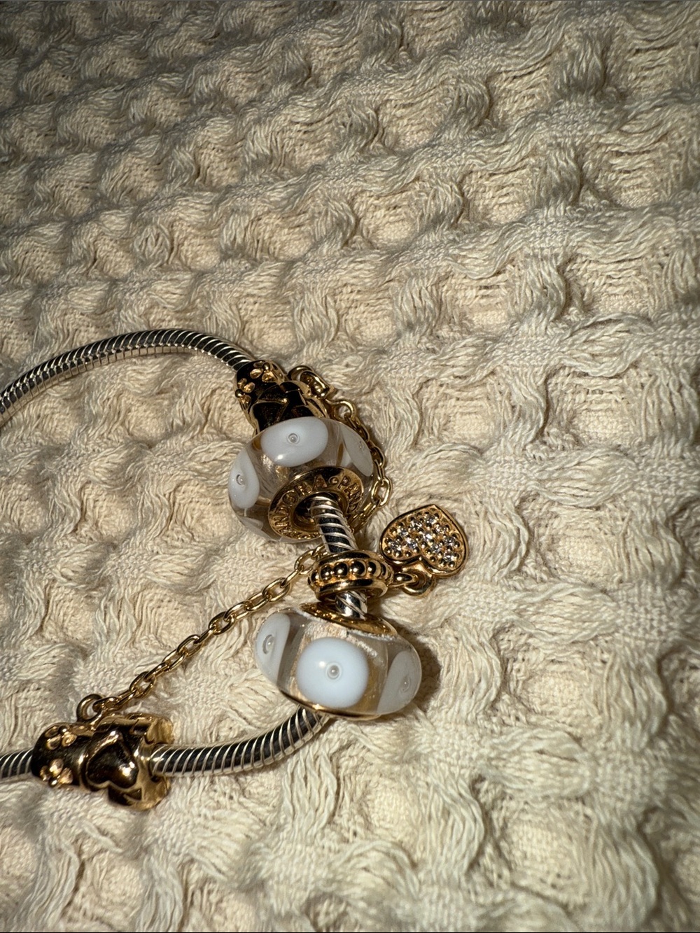 Pandora Bracelet( Retired White Mystic Murano Glass Bead with 14K Gold.